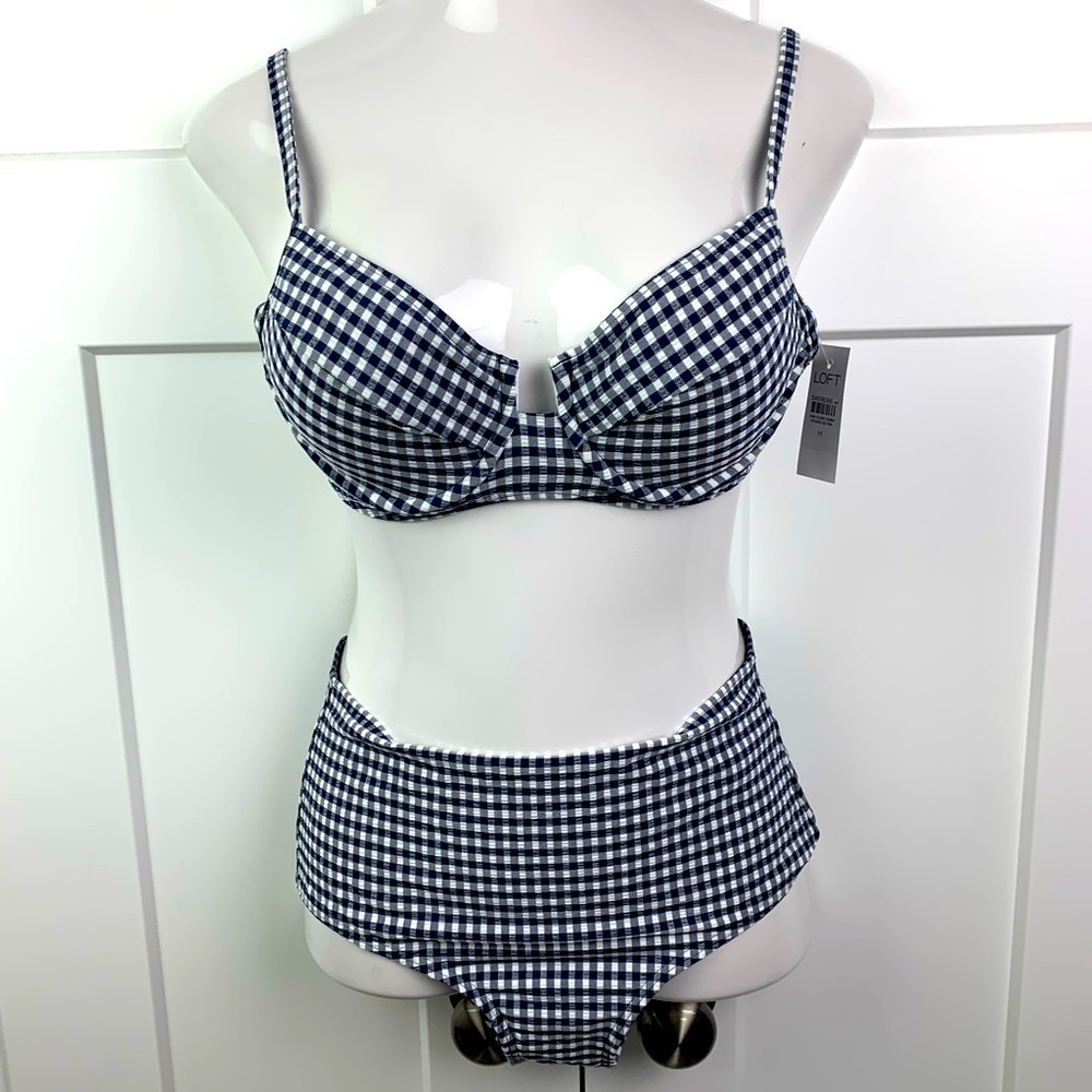 NWT Ann Taylor Loft Swim Bikini Set S M Blue Gingham High Waist Underwire